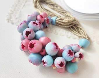 Statement floral bib necklace, Bold blue and pink Necklace, Big chunky necklace, unusual handmade jewelry