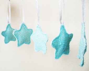 12 pcs Blue Burlap Handing Stars, Nursery decor Wedding Love decoration Burlap garland Boho home ornaments