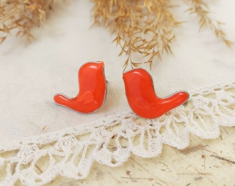 Neon Orange Bird stud earrings Bright Tropical earrings Exotic studs