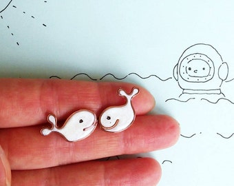 Cute Small Whale Stud Earrings White or Blue funny Studs Handmade jewelry Ukrainian artist