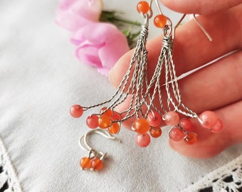 Carnelian Gemstones Sterling Silver Earrings Set 2 pairs Chandelier and Tiny Dangles, Pink and Orange gemstone silver wire wrap earrings