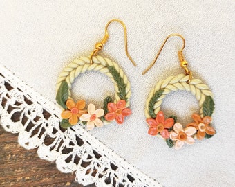 Wreath Flower Earrings Lovely Dangle drop braided hoop