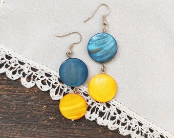 Ukraine Flag Long blue & yellow pearl earrings, nacreous double round disk dangle earrings