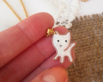 Small Kitten Pendant on Chain Kawaii White Cute Cat Jewelry for her, Ukrainian artist