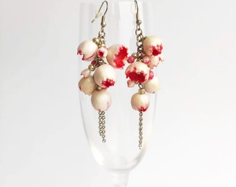 Chandelier Earrings with red white buds and thin chains, Handmade polymer clay statement dangle earrings