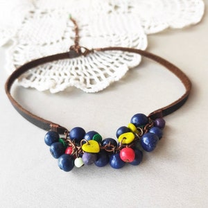 Leather beaded choker necklace transformer, Berry necklace or Berry double layer bracelet, accessories gift