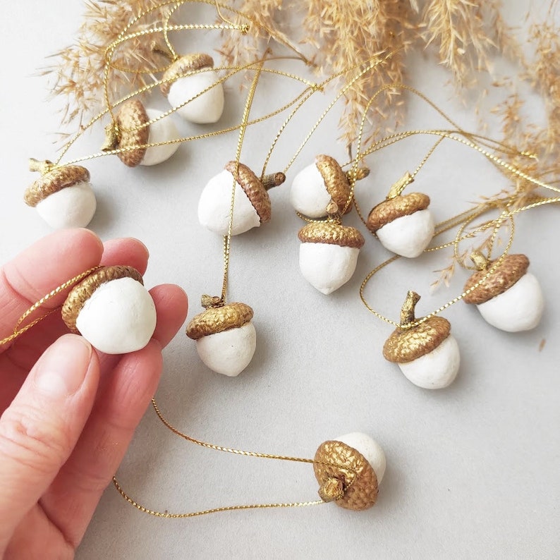 Decorative clay acorns Set of 8 pcs white & golden handmade acorns ornaments Easter decor Air dry clay decor image 7