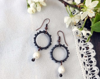 Small Dangle Hoop Earrings with Pearl teardrop, Rustic Pearl Earrings