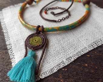 Ethnic Bib Necklace Blue Green pendant with tassel Hippie jewelry