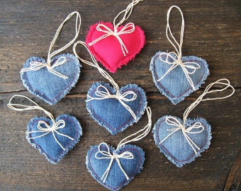 7 Lovely Small Denim Hearts Valentine's Day Hanging Heart Ornament Hearts Decoration. Ukrainian handmade