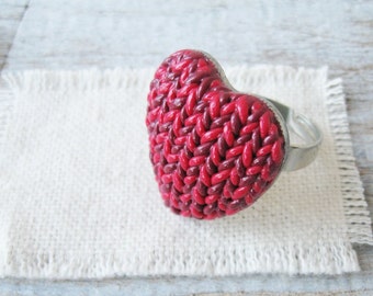 Red heart ring big knit clay Adjustable Christmas ring, Valentine gift