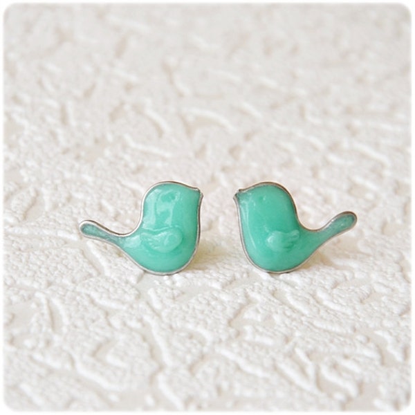 Bird Stud Earrings, Small Mint Studs, Cute Handmade Jewelry