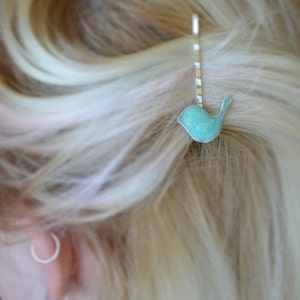 Cute mint bird bobby pins 2 pcs, tiny bird hairpins, hair accessories. Ukrainian handmade image 2