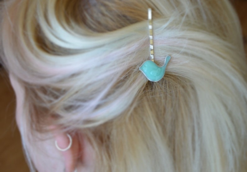 Cute mint bird bobby pins 2 pcs, tiny bird hairpins, hair accessories. Ukrainian handmade image 2