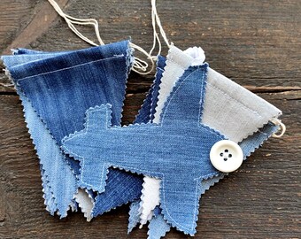 Denim Garland flags & plane, Nursery wall hanging, Denim flag decoration for baby boy room, Denim bunting
