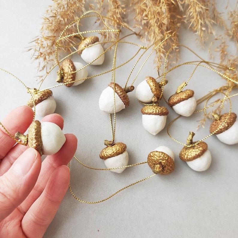 Decorative clay acorns Set of 8 pcs white & golden handmade acorns ornaments Easter decor Air dry clay decor image 3