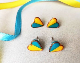 Ukrainian Flag Heart stud earrings, Small blue yellow studs, Support Ukraine