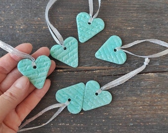 6 Small Mint Hearts Gift Tags, Christmas Tree Decor, Valentine ornament set, Wedding Love Decoration, Home Decor