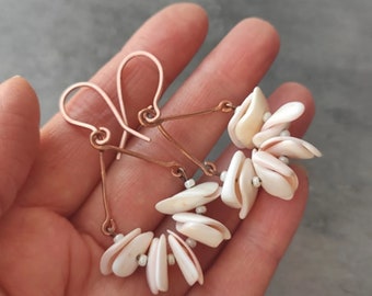 Shell earrings, White big chandelier dangle earrings, Copper and shell, Statement handmade jewelry