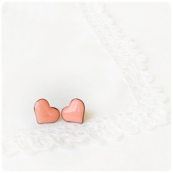 Tiny Peach Pink Heart Stud Earrings Handmade Polymer Clay, stocking stuffers