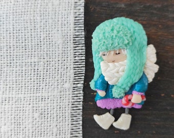 Cute Doll Brooch Girl in mint hat Art handmade toy pin Gift for her