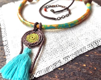 Ethnic Bib Necklace Blue Green pendant with tassel Hippie jewelry