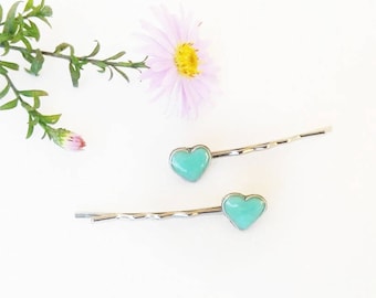 Heart bobby pins 2 pcs, hair pins love heart, hair accessories mint tiny hearts, hair clips for girls. Ukrainian handmade