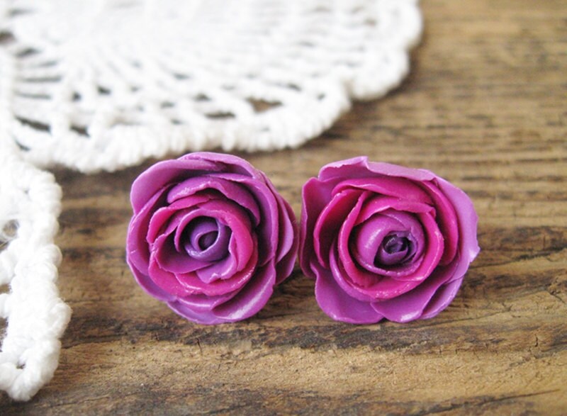 Purple rose stud earrings & rose ring hand sculpted rose | Etsy