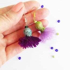 Handmade Thistle Flower Earrings: Purple Tassel Pompon Dangle