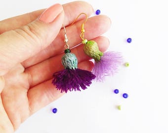 Thistles flower earrings, purple tassel earrings, handmade pompon dangle earrings. Ukrainian handmade