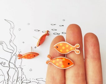 Bright fish stud earrings Neon Orange Polka dot funny beach jewelry