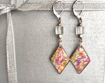 Terrazzo earrings with rhombus drop, Colorful pink yellow lilac silvery statement dangle earrings