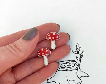 Small Amanita mushrooms stud earrings handmade Forest jewelry Red White Polka Dot Mushrooms. Ukrainian handmade