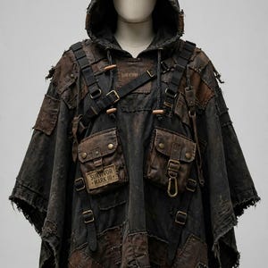 May include: A dark charcoal and brown hooded poncho featuring distressed fabric patches, multiple utility pockets, and black adjustable straps with buckles. A rectangular patch on the front pocket displays the text SURVIVOR MARK III.