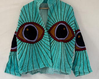 Turquoise Velvet Eye Jacket | Handmade Embroidered Statement Coat | Evil Eye Inspired Boho | Artistic