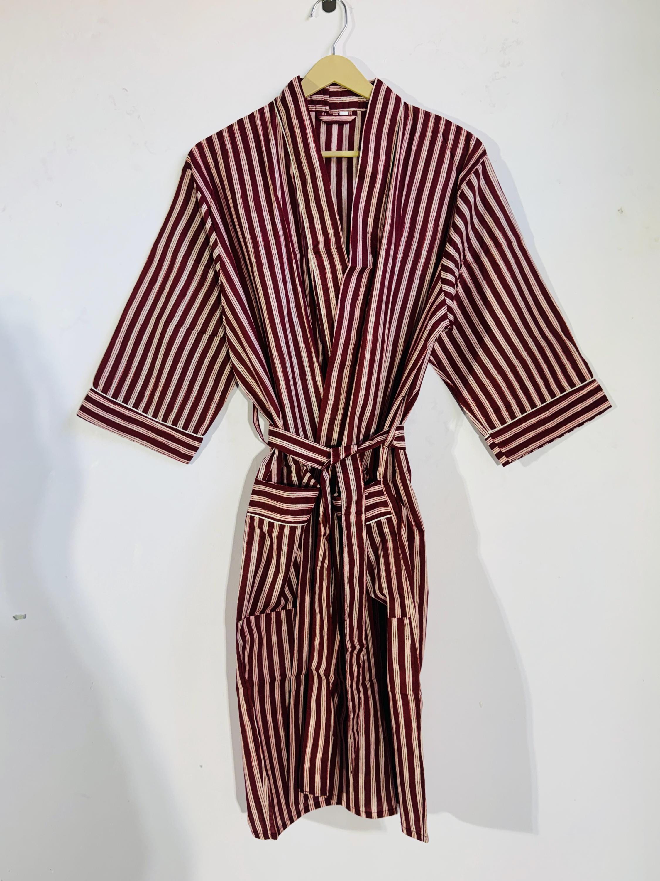 Handmade Burgundy Striped Cotton Kimono Robe Lightweight Cotton Bathrobe Women's Dressing Gown