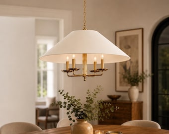 Lámpara colgante de latón con pantalla de tela blanca, lámpara de araña moderna para comedor / elegante luminaria de techo / isla de cocina de mediados de siglo