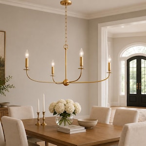 Handmade Brass Linear Chandelier 6 Lighting, Modern Ceiling Light Fixture Mid Century Minimalist Pendant Dining Room Light, Kitchen Island