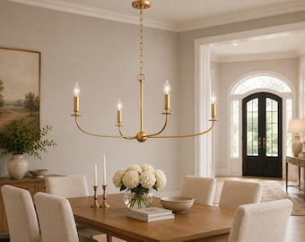 Handmade Brass Linear Chandelier 6 Lighting, Modern Ceiling Light Fixture Mid Century Minimalist Pendant Dining Room Light, Kitchen Island
