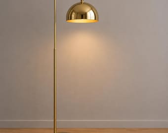 Modern Gold Arc Floor Lamp, Brass Dome Shade Standing Lamp, Mid Century Floor Lighting, Luxury Home Decor