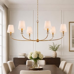 Handmade Modern Brass Linear 6 Light Chandelier with Fabric Shades | Mid Century Dining Room Ceiling Light | Luxury Pendant Lighting