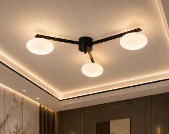 Lampadario Sputnik moderno in ottone nero, realizzato a mano / Plafoniera semi-incasso, lampadario a globo in vetro opalino, illuminazione di metà secolo