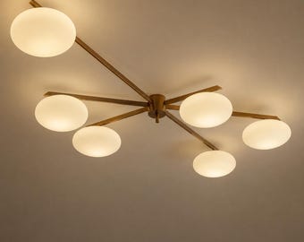 Handmade Modern Brass Sputnik Chandelier | Semi Flush Mount Ceiling Light , Opal Glass Globe Ceiling Fixture, Mid Century Lighting