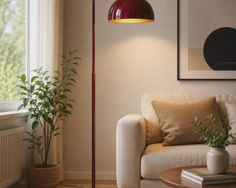 Burgundy Arc Floor Lamp, Modern Standing Lamp, Mid Century Dome Shade Lighting, Luxury Home Decor