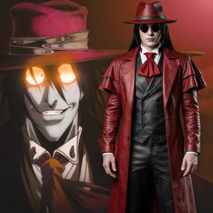 May include: A long red leather trench coat with a capelet, worn over a black vest and trousers. The outfit includes a white collared shirt with a red cravat, a red fedora hat, and round dark sunglasses, mirroring the character Alucard from Hellsing.
