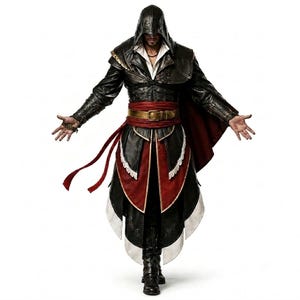 May include: A hooded black leather coat with a white shirt underneath, featuring a wide red sash with a gold buckle, layered red and black fabric panels, and long black boots. The ensemble includes intricate stitching and a structured silhouette.
