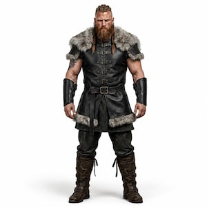 May include: A black leather tunic featuring multiple front buckles, a waist belt, and grey faux fur trim on the shoulders and hem. The outfit includes black leather arm bracers, dark trousers, and brown lace-up boots with a weathered texture.