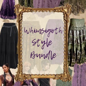 May include: An assortment of Whimsigoth style clothing, including skirts, tops, and dresses in various colours and textures. The image features a gold ornate frame with the text "Whimsigoth Style Bundle". The clothing items are in shades of purple, green, black, and brown.