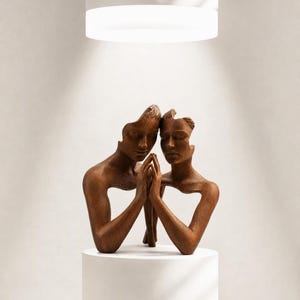 May include: A bronze-toned sculpture depicting two figures with hollowed-out upper heads and torsos, their hands pressed together in a prayer-like gesture. The figures are positioned facing each other, with smooth, metallic surfaces and defined facial features.