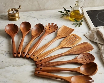 Teak Wood Cooking Utensils Set, 10-Piece Wooden Kitchen Utensils, Natural Teak Wood Spoons & Spatulas, Non-Toxic Cookware Tools Gift Set